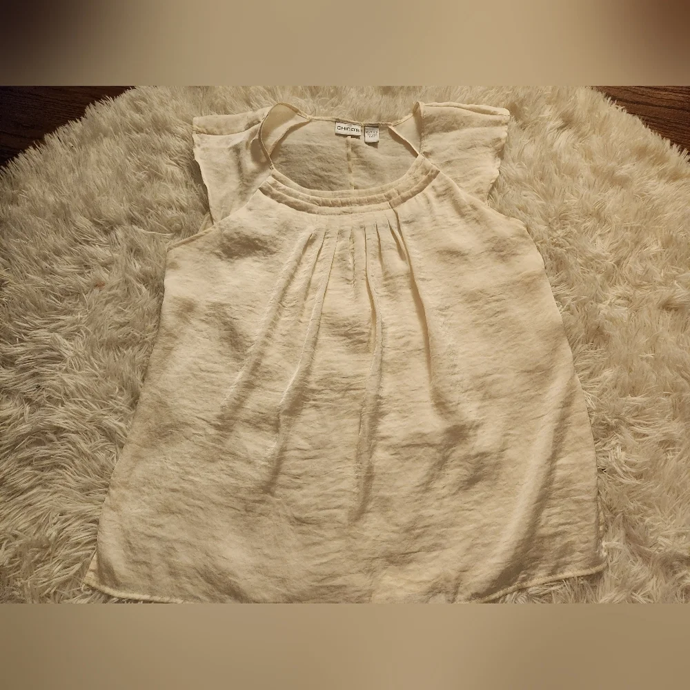 Chico's Ivory Sheer Flutter Sleeve Blouse Size 3  XL With Lining - Picture 4 of 8